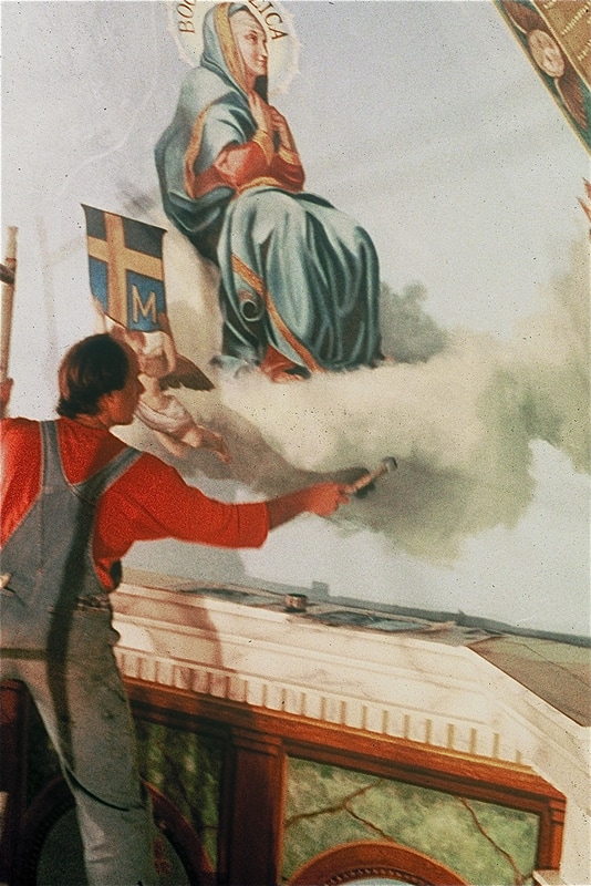    Painting on-site at Christ the King Church, Ludlow, MA, 1985 (Photo: Steven Lee)